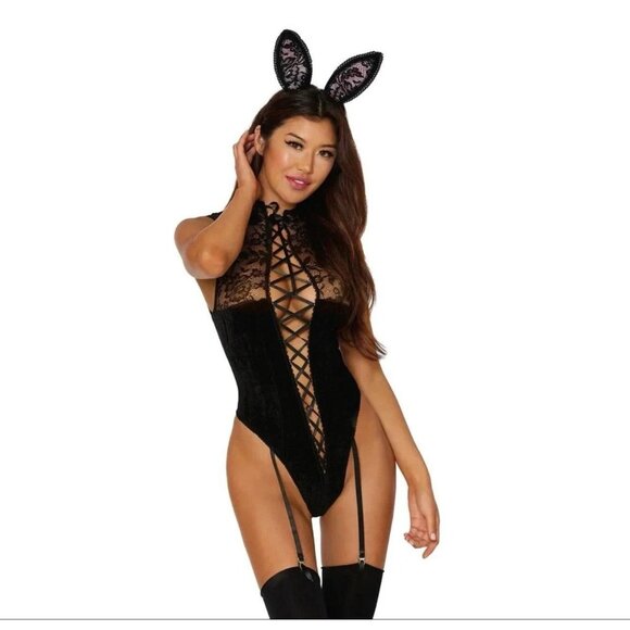 Dreamgirl Other - Bunny Teddy Lingerie Black Lace Velvet Costume with Ears Tail Dreamgirl One Size